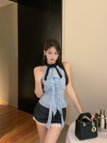 Real shot of designer blue halterneck bow ruffled shirt chiffon sleeveless waist shirt