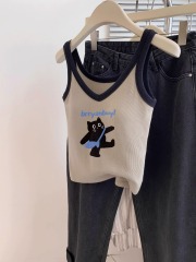 V-neck Cat Print with Chest Pads, Strapless Women's Summer Thai Style High-End Base Layer Top, Wearable as Outer Shirt