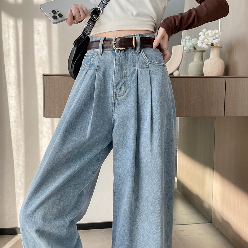 Actual shot of 2024 spring new women's fashionable and versatile loose slimming floor-length wide-leg casual jeans