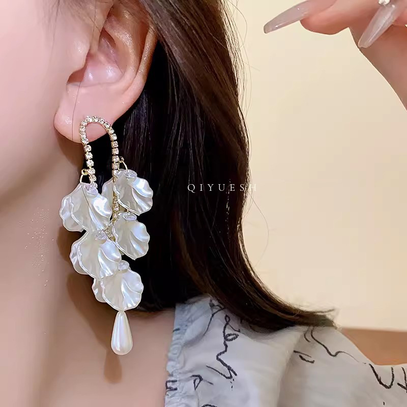 S925銀針輕奢小眾貝殼珍珠長款流蘇耳環女百搭氣質高級感珍珠耳釘