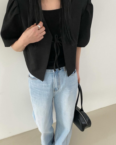 Simple V-neck mid-sleeve puff sleeve shirt cardigan jacket