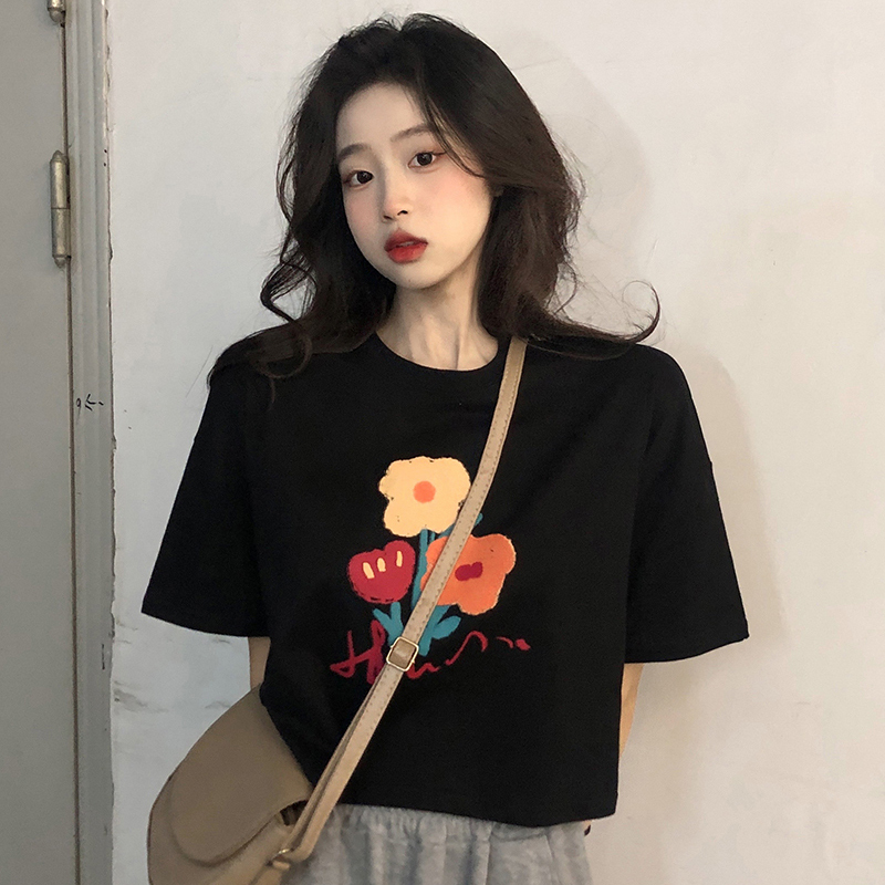 Summer niche design loose textured right shoulder printed short-sleeved T-shirt women's short unique and chic top ins