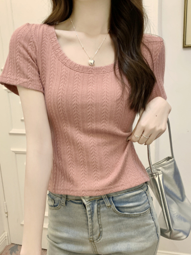 Real shot U-neck right shoulder short-sleeved T-shirt 2024 summer new style versatile slimming shirt slim short top trendy