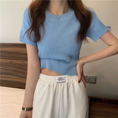 Short-sleeved slim T-shirt for women summer tops high-waisted slim T-shirt waisted ice silk sweater