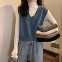 Control+3 super stretchy half turtleneck knitted bottoming shirt + V-neck sleeveless short v-neck knitted vest