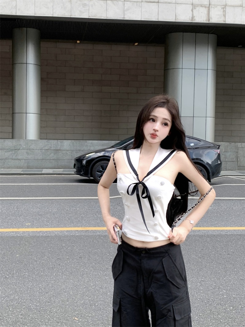 實拍 辣妹海軍領女夏白色無袖抹胸