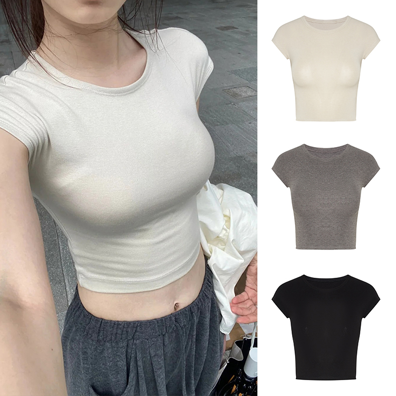 2024 Summer New Hot Girl Short-Sleeve Round Neck T-Shirt with Ins Slim Fit and Weight Loss Women's Pure Desire Sweet and Spicy Straight Shoulder