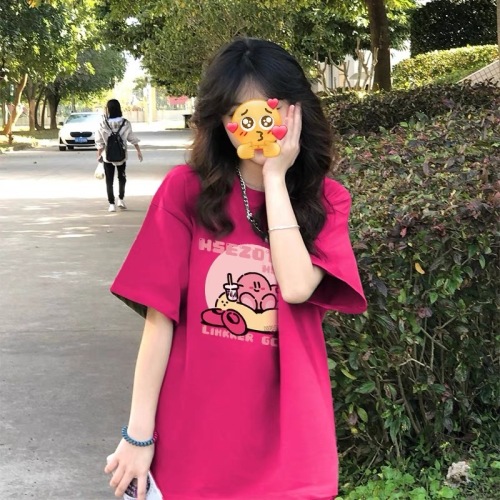 Shipped pure cotton combed tight siro spun rose red short-sleeved T-shirt for women cute Kirby printed loose T