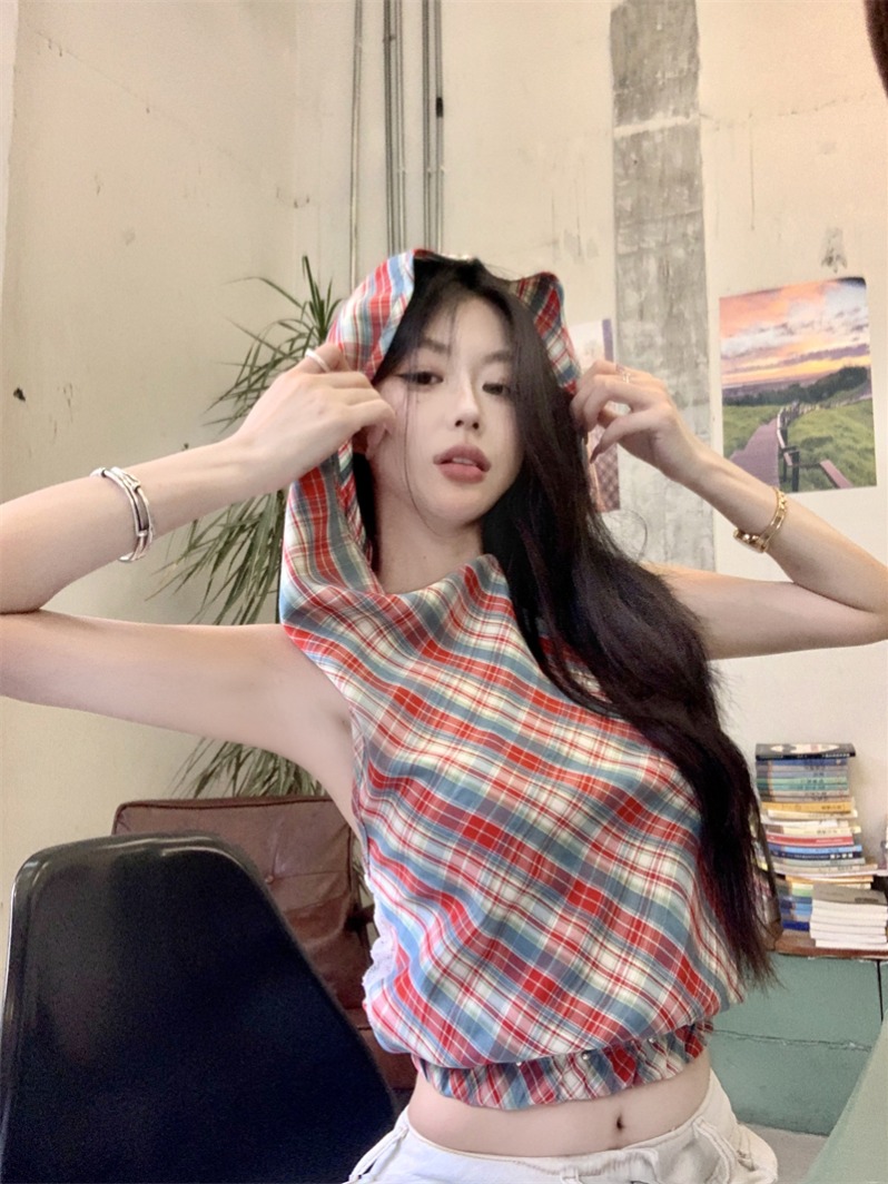 Real shot ~ hot girl style red plaid splicing lace sleeveless hooded outer vest for women slimming swing collar top