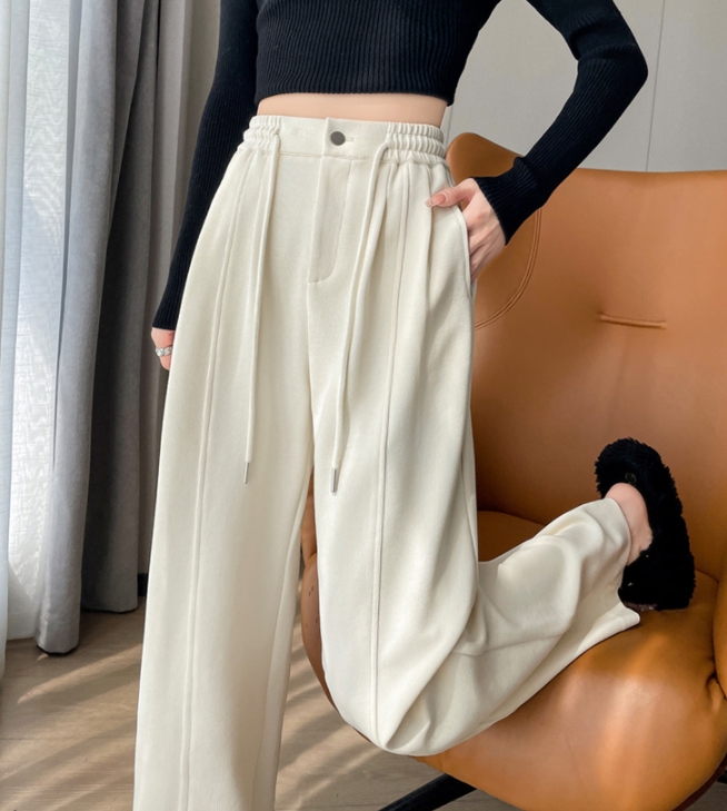 Actual spot 2024 spring new style pinstripe knitted high-waisted narrow wide-leg pants straight-leg floor-length casual pants for women