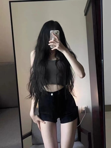 Black denim shorts high waist hot pants for hot girls summer 2024 new retro high waist tight slimming butt-covering hot pants trendy