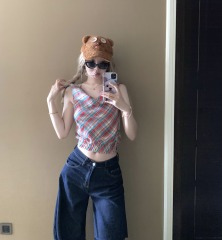 實拍~紅色格子盪領上衣女夏辣妹無袖連帽外穿背心