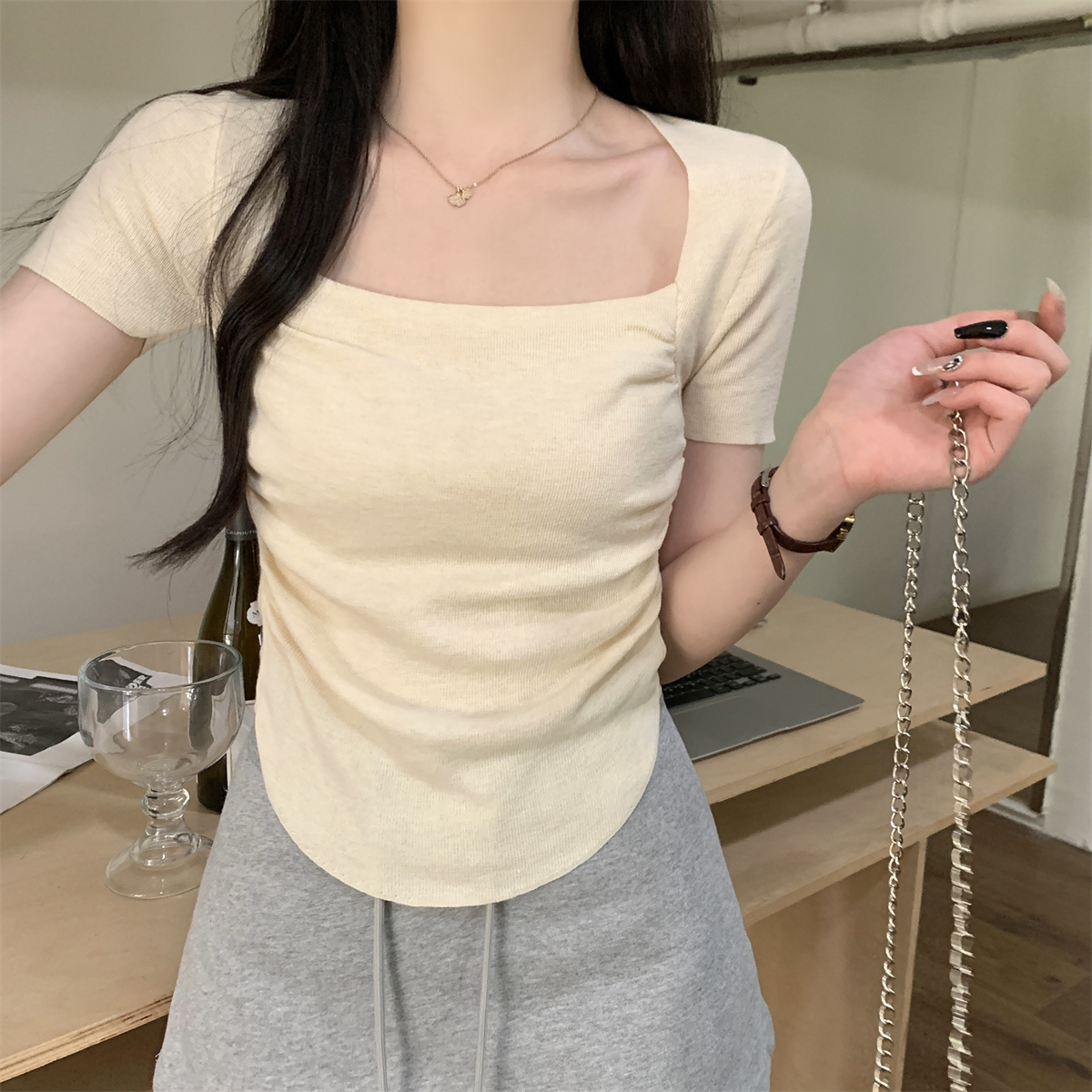 實拍 夏季韓版修身氣質方領褶皺顯瘦設計感6羊毛針織短袖上衣