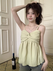 Pure desire sweet bow camisole French chic age-reducing sleeveless babydoll short top for women summer