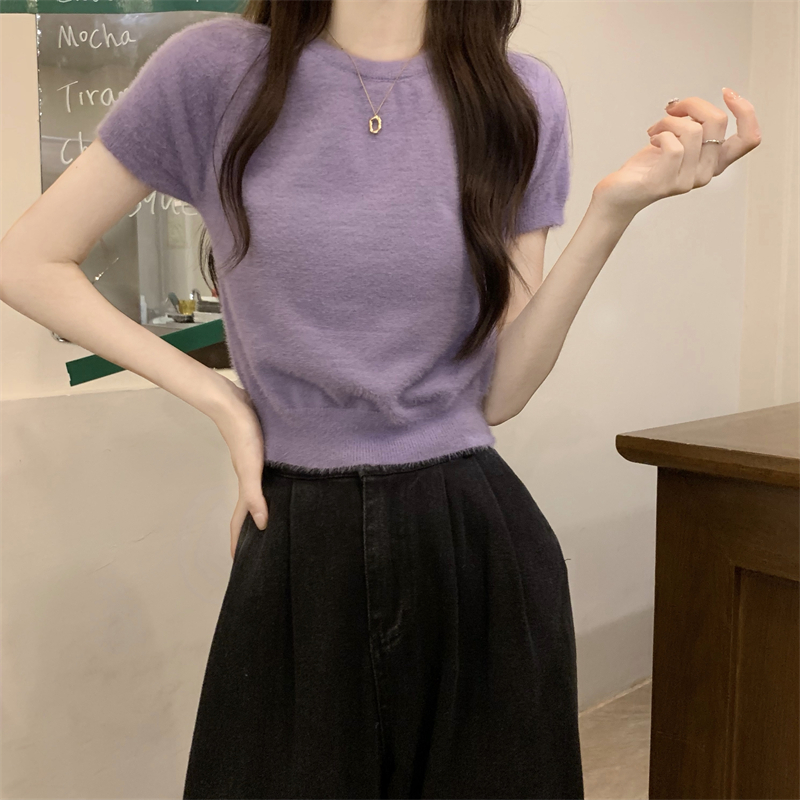 Real shot of soft and waxy mink velvet sexy hottie autumn and winter short-sleeved sweater top