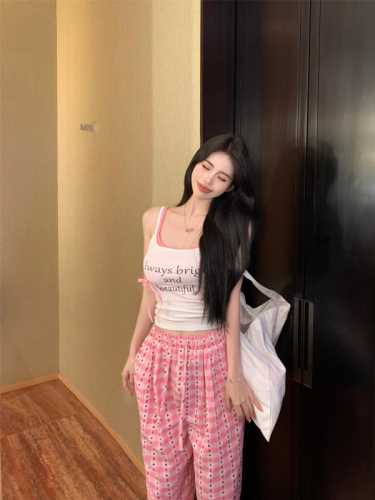 Real shot!  Sweet and Spicy Fake Two-Piece Suspender Top Loose Lazy High Waisted Wide Leg Casual Pants Suit for Home Girls