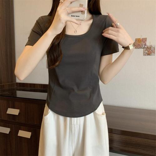 Actual shots in stock Summer new large size T-shirt simple short-sleeved round neck solid color top for women