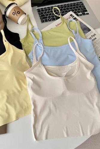 Actual price~Solid color ice silk camisole hot girl slim fit big U backless outer wear top with breast pads