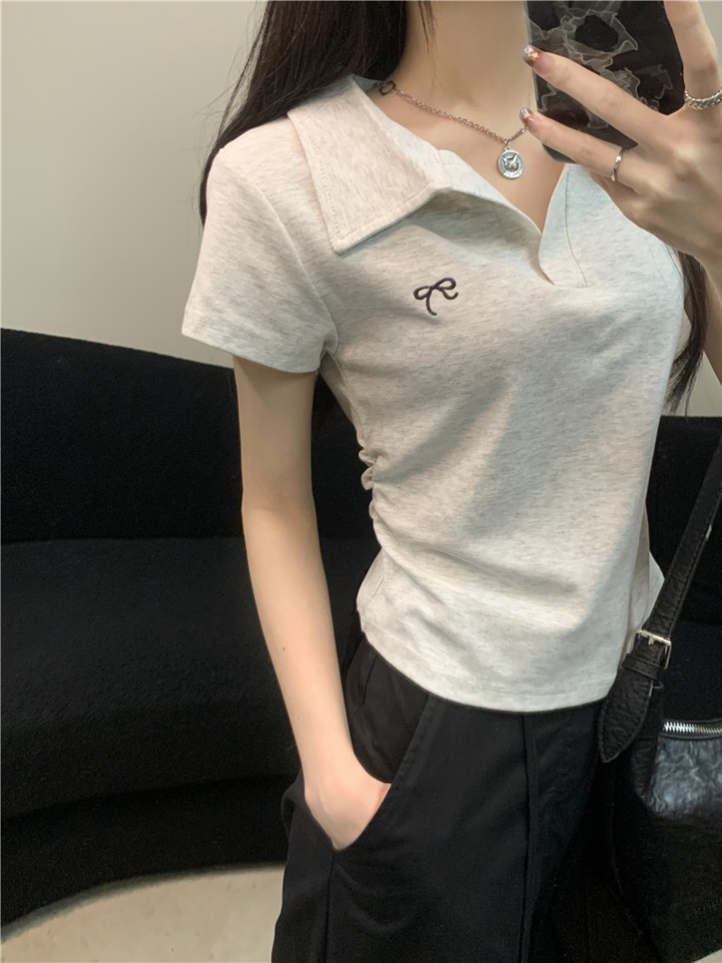 實拍 真 夏季新款刺繡翻領Polo衫皺褶收腰短袖T恤女