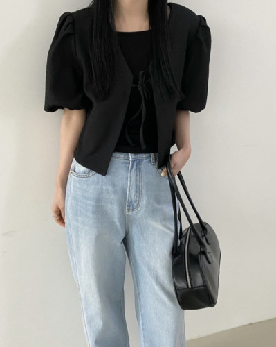 Simple V-neck mid-sleeve puff sleeve shirt cardigan jacket