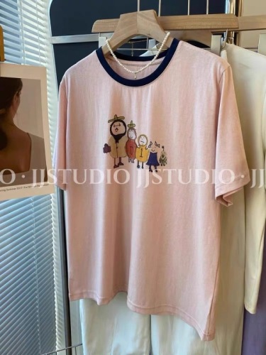 Korean pink cartoon print right shoulder short-sleeved T-shirt for women in summer, unique and unique niche design short top