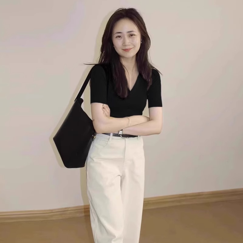 40 count pure cotton summer halter neck black right shoulder v-neck short sleeve t-shirt for women
