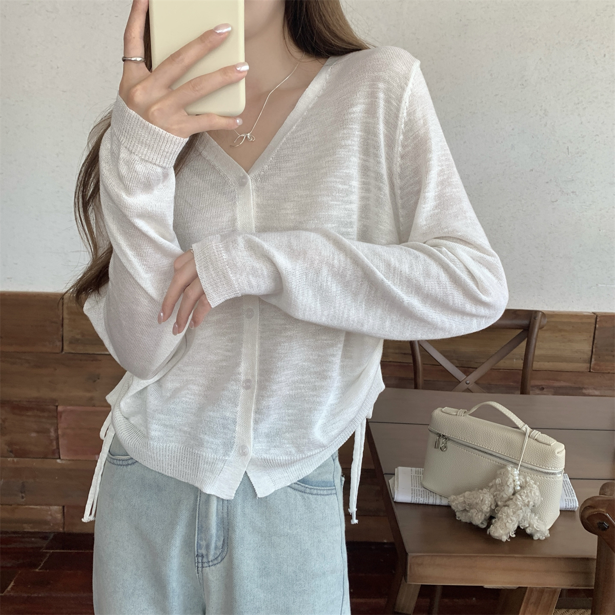實拍 夏季韓版v領單排扣開衫抽繩寬鬆竹節麻防曬針織上衣外搭