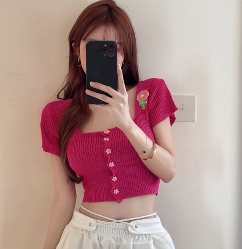 Pure Desire Hot Girl Knitted Square Neck Short Sleeve T-Shirt Women's Design Niche Summer Sexy Short Top