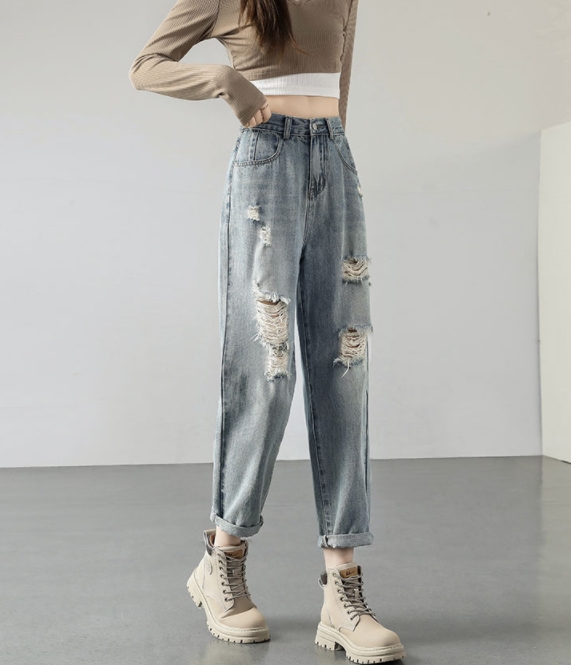 Real shot of summer dad jeans for women, 2024 new style, thin, loose, ripped, pear-shaped body harem pants
