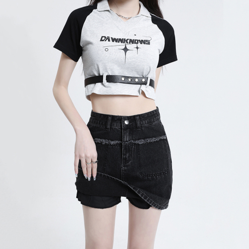 Real shot of retro high-waisted denim skirt for women A-line short skirt 2024 summer new style hip-covering skirt for women