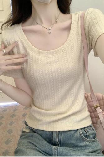 Real shot U-neck right shoulder short-sleeved T-shirt 2024 summer new style versatile slimming shirt slim short top trendy