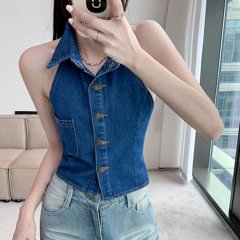 歐美復古性感露背掛脖牛仔背心女夏季外穿翻領短款上衣