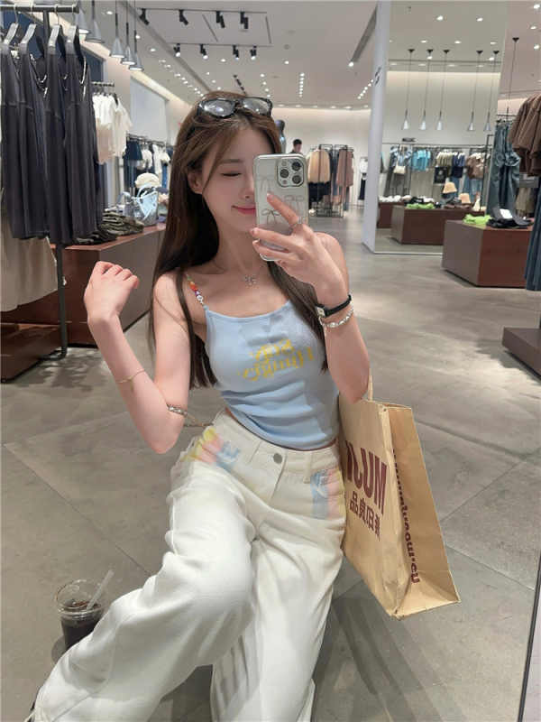 Coast Sweetheart Resort Style Blue Camisole Women's Summer Korean Style Slim Short Outer Top