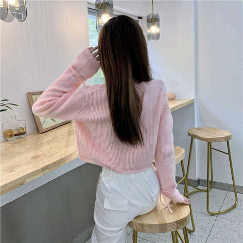 Actual shot, real price, cute and cool Japanese style V-neck short sweater, super soft waxy strappy sweater for autumn