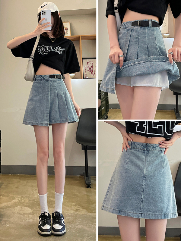 Real shot of light blue pleated denim short skirt for women summer new high-waist slimming small A-line hip skirt