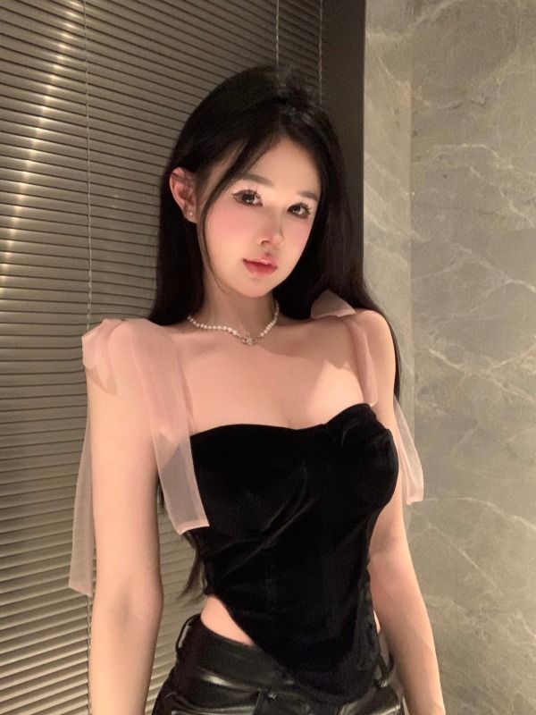 Real shot, real price, ribbon design, slim fit velvet camisole, pure lust style short top