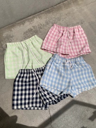 Korean Dynasty Dongdaemun drawstring elastic waist plaid casual shorts