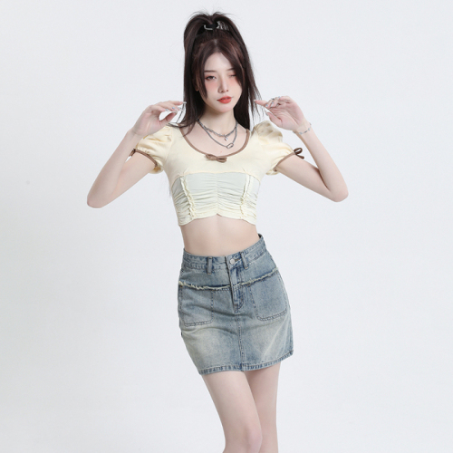 Real shot of retro high-waisted denim skirt for women A-line short skirt 2024 summer new style hip-covering skirt for women