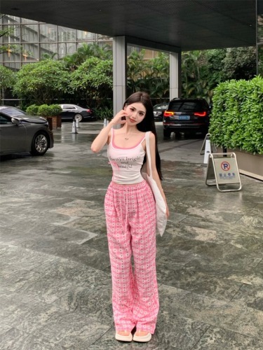 Real shot!  Sweet and Spicy Fake Two-Piece Suspender Top Loose Lazy High Waisted Wide Leg Casual Pants Suit for Home Girls