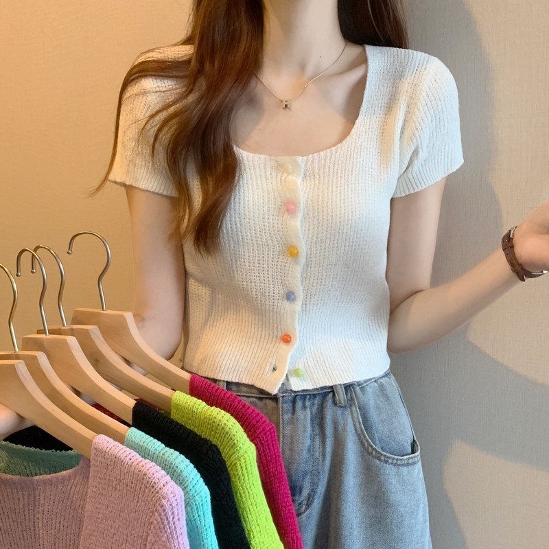 Summer new sweet and spicy pure desire chic square neck slim and tall short knitted top