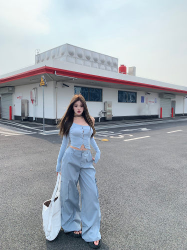 Real shot!  Hot girl's loose floor-length overalls, wide-leg pants, versatile knitted tops, two-piece suit for women