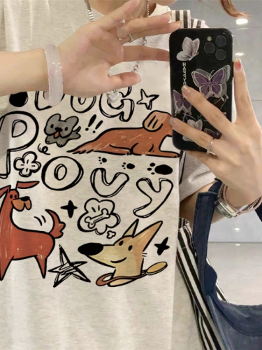 American fun cartoon printed short-sleeved T-shirt for women 2024 summer trendy design loose casual cotton top