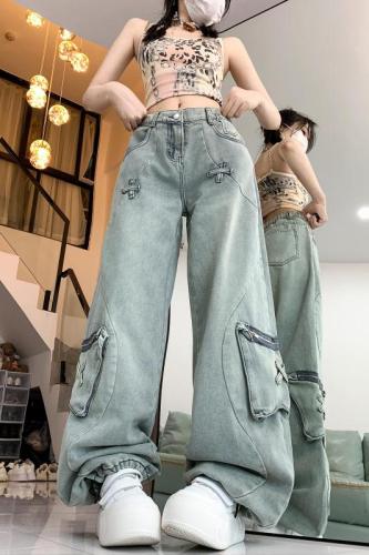 Actual shot~Butterfly pocket cargo jeans for women, loose high-waisted slimming and versatile trousers for women