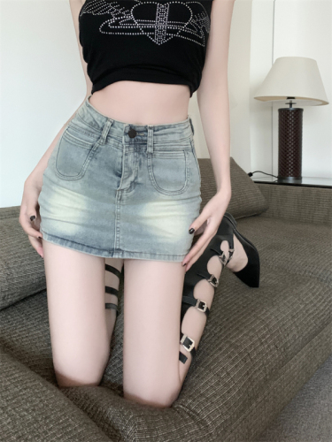 Real shot American retro denim skirt women's summer anti-exposure skirt high waist slim skirt hip-covering skirt short skirt