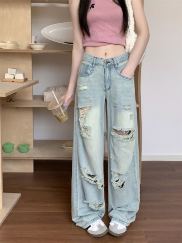 Real shot of summer high waist ripped beggar pants loose embroidered straight leg slimming wide leg long jeans for women