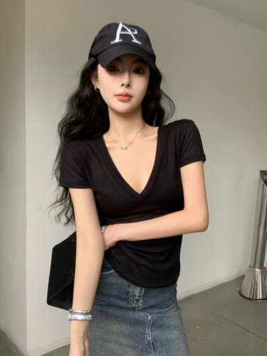 Real shot of summer hot girl style high-end thin slightly translucent sexy cool drape mask collarbone V-neck short-sleeved T-shirt