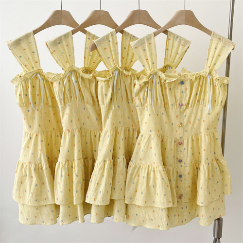 Acaine mid-length yellow polka-dot square neck waist a-line suspender dress women's summer French sweet skirt