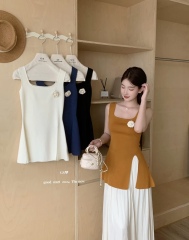 GS韓系東大門夏季新款韓版修身掛脖設計通勤顯瘦開衩抹胸針織衫女