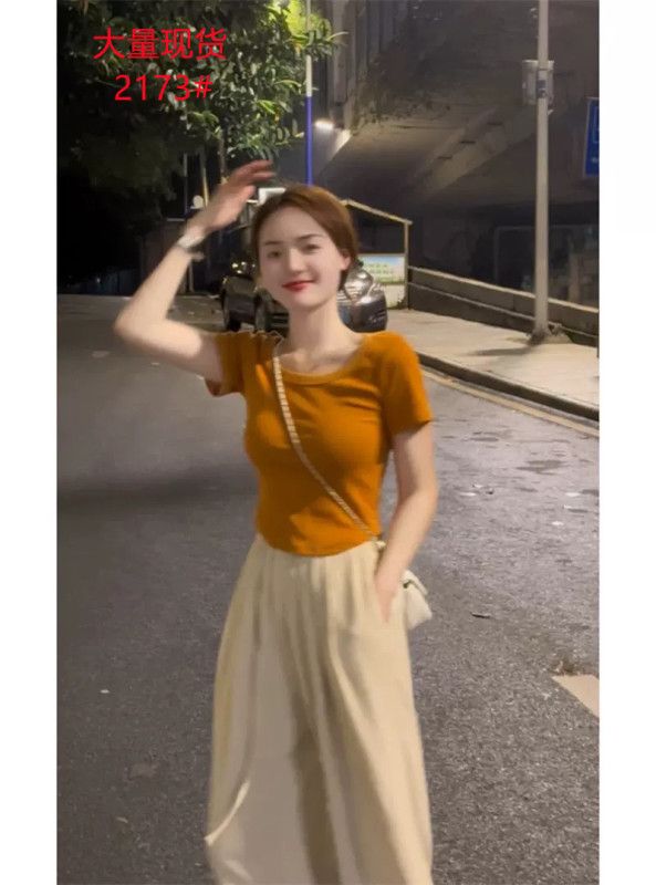 New orange short-sleeved T-shirt for women in summer, short, slim, high-end, casual, versatile top