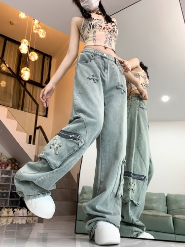 Actual shot~Butterfly pocket cargo jeans for women, loose high-waisted slimming and versatile trousers for women